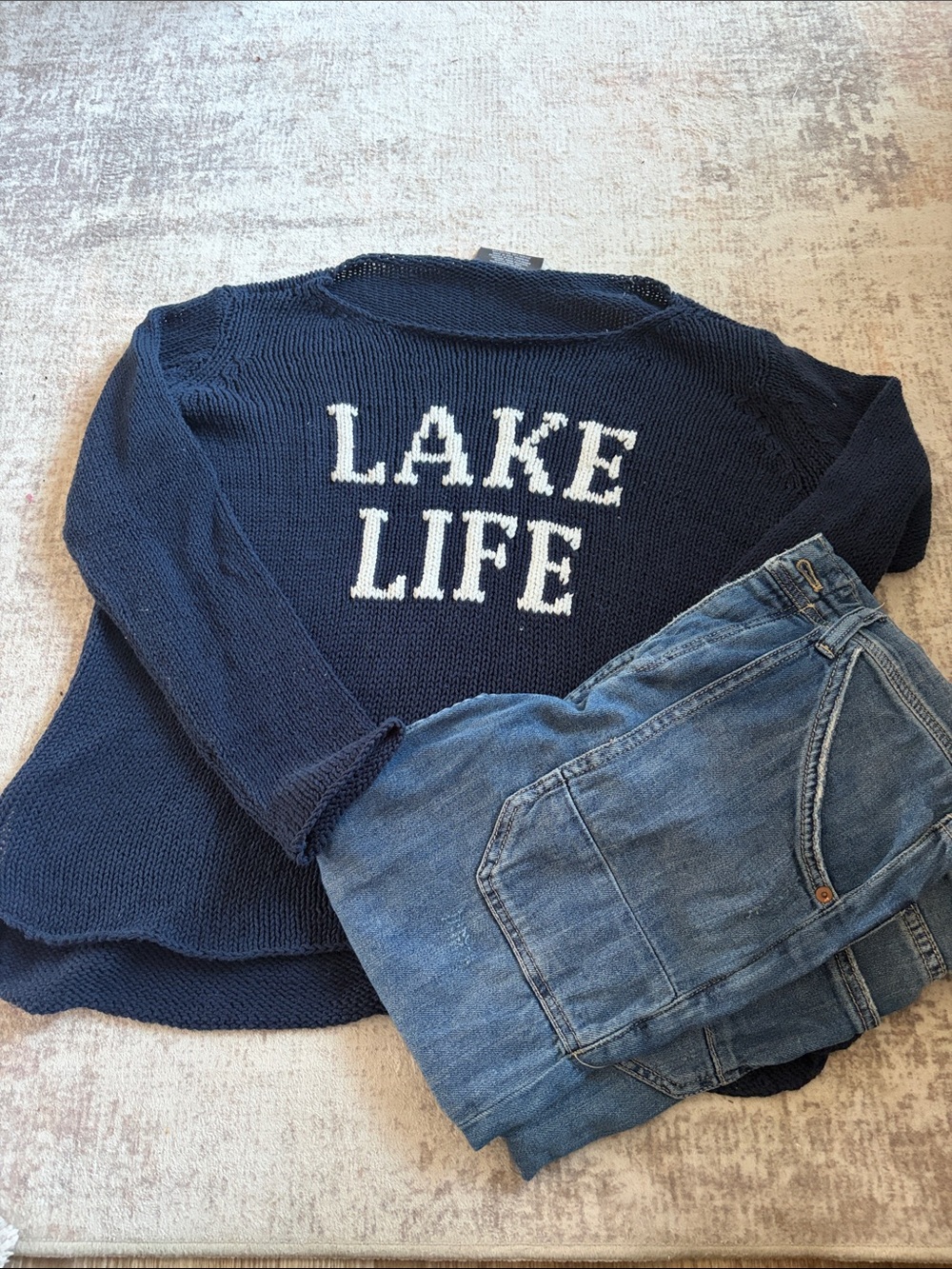 Wooden Ships Navy Knit 'LAKE LIFE' Crewneck Sweater with White Lettering